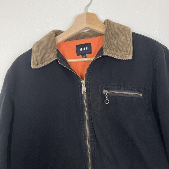 HUF Barlow Jacket  Mens S Black Corduroy Collar Quilted Lined Worldwide Zip Up - Picture 4 of 16